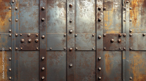 Rusted metallic door with bolts showcasing weathered texture and industrial charm