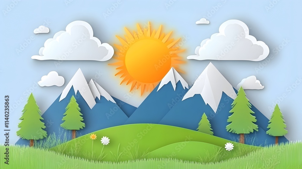 A simple vector graphic of mountains, clouds and trees in the foreground with blue sky in background, simple shapes, paper cutout style, green grass field in front of the mountain range A simple vector graphic of mountains, clouds and trees in the foreground with blue sky in background, simple shapes, paper cutout style, green grass field in front of the mountain range