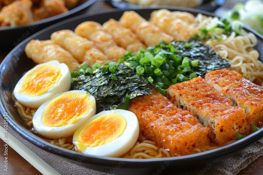 Rabokki Korean dish of instant noodles rice cake fish cake and boiled egg Rabokki Korean dish of instant noodles rice cake fish cake and boiled egg