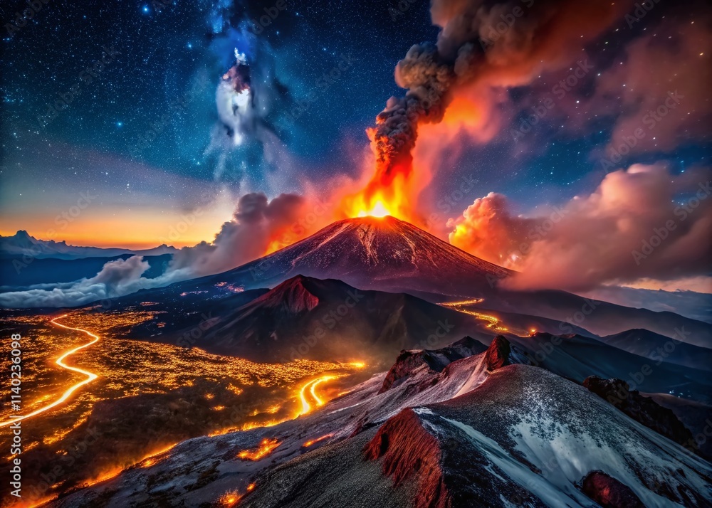 Fototapeta premium Aerial View Erupting Mount Etna Sicily Volcano Lava Flow Night Shot Drone Photography