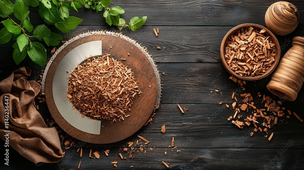A modern and clean flat lay composition featuring a circular saw blade with scattered wood shavings surrounding it creating a minimalistic and industrial inspired design A modern and clean flat lay composition featuring a circular saw blade with scattered wood shavings surrounding it creating a minimalistic and industrial inspired design
