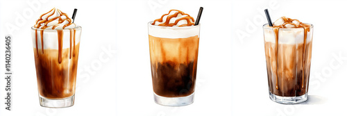 watercolor tall glass of iced caramel macchiato with whipped cream and caramel drizzle, perfect for refreshing treat. Enjoy rich flavors and creamy texture!