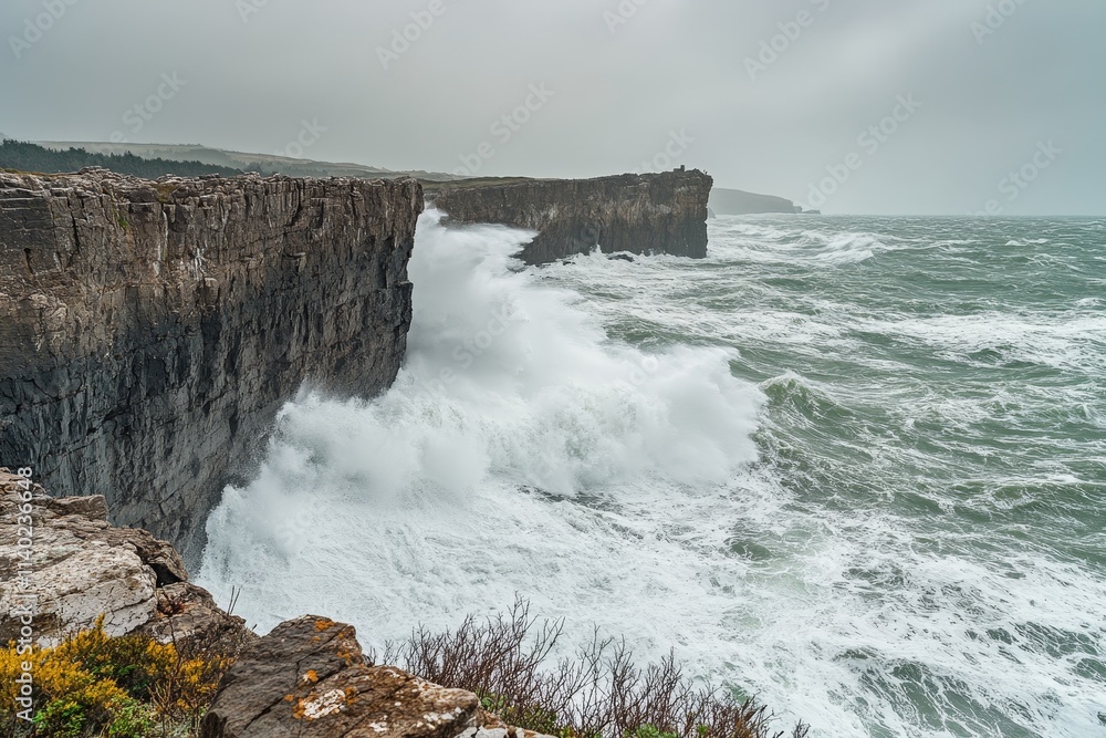 Dramatic waves crashing against rugged coastal cliffs on a stormy day. Dramatic waves crashing against rugged coastal cliffs on a stormy day.