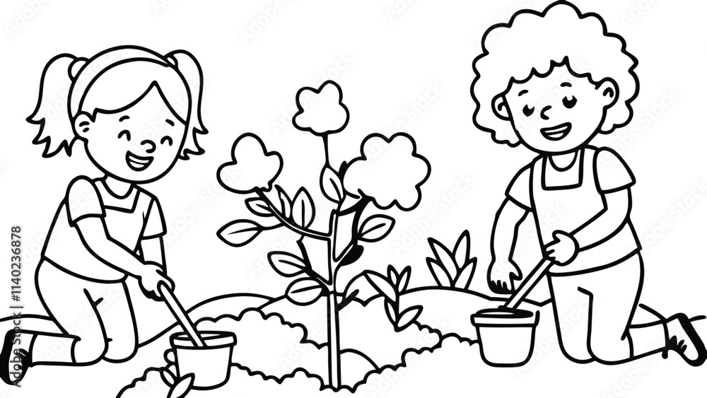 Children planting trees in a garden setting on Tu Bishvat - black vector illustration on transparent background Children planting trees in a garden setting on Tu Bishvat - black vector illustration on transparent background