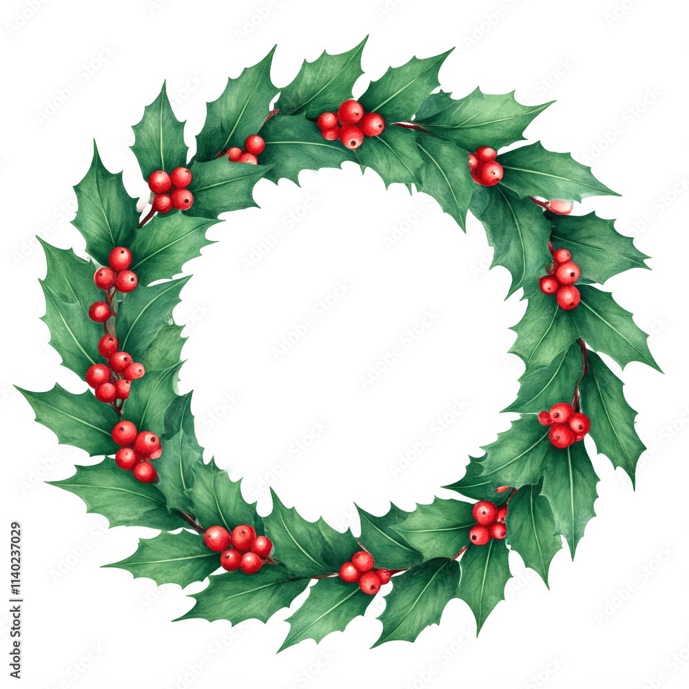 Holly Wreath Christmas Frame: Watercolor illustration of a classic Christmas wreath, featuring vibrant green holly leaves and clusters of bright red berries. Holly Wreath Christmas Frame: Watercolor illustration of a classic Christmas wreath, featuring vibrant green holly leaves and clusters of bright red berries.
