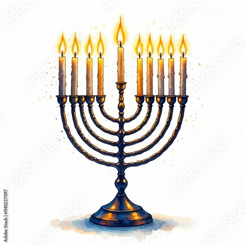 Glowing Menorah: Watercolor illustration of a traditional menorah with eight lit candles, symbolizing the Festival of Lights.  A beautiful depiction of Hanukkah tradition.
