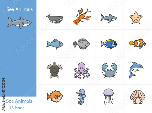 Icons Set Sea Animals and Sea food related icons colorful icons set, Vector and Illustration