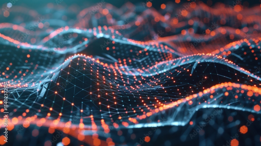 Complex network of interconnected nodes forming a dynamic, undulating landscape, visualizing the flow and processing of big data in a futuristic representation Complex network of interconnected nodes forming a dynamic, undulating landscape, visualizing the flow and processing of big data in a futuristic representation