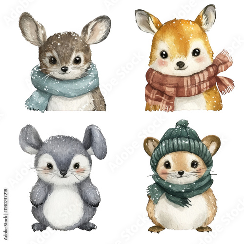 Adorable Winter Animals Wearing Cozy Scarves and Hats, on transparent background , png