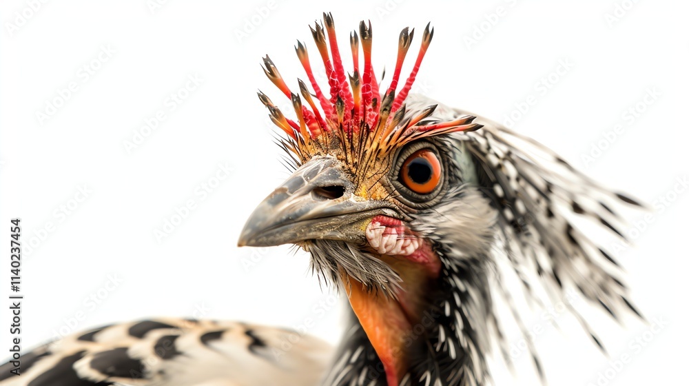 A close-up of a bird with a colorful crown and a bright red eye. A close-up of a bird with a colorful crown and a bright red eye.