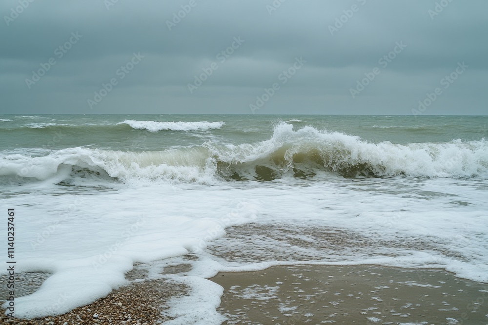 Stormy sea waves crashing on sandy beach under a cloudy sky. Stormy sea waves crashing on sandy beach under a cloudy sky.