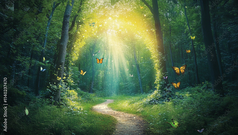 Obraz premium A charming forest scene with magical creatures, vibrant colors of green and blue