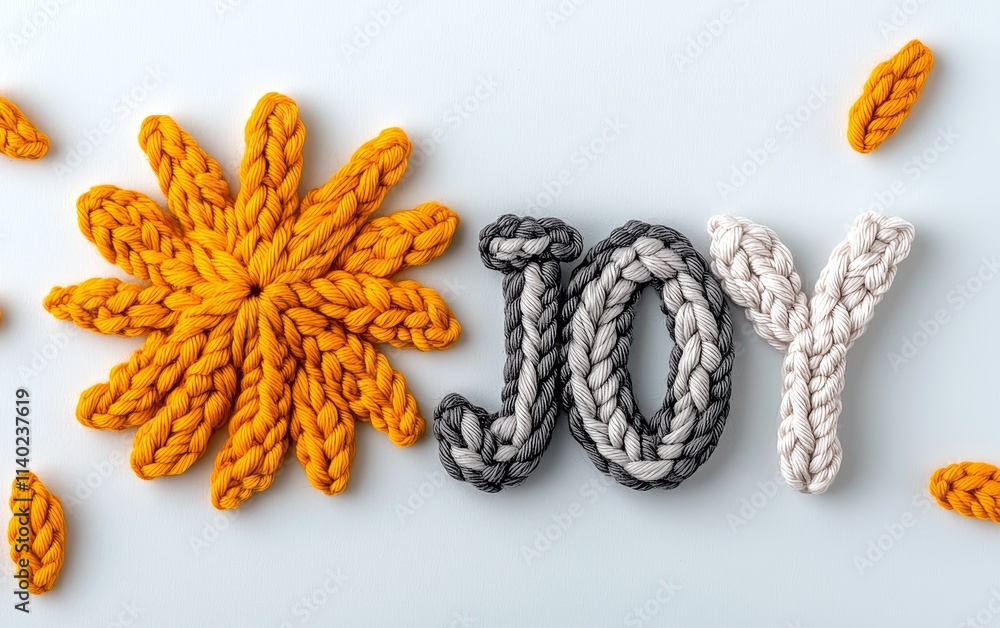 Knitted Joy Word Art Flower Yellow Gray White Background Knitted Joy Word Art Flower Yellow Gray White Background