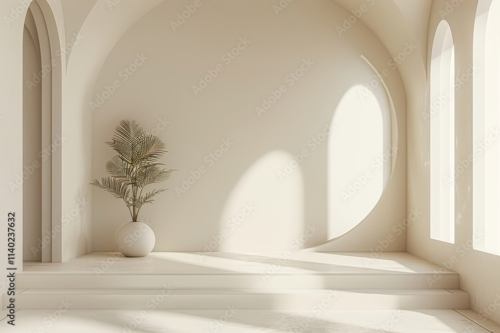 Minimalist interior with soft light, a plant, and curved architectural features. Minimalist interior with soft light, a plant, and curved architectural features.