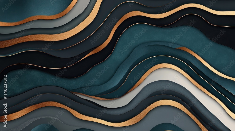 Abstract dark teal, grey, and gold wavy layers. Abstract dark teal, grey, and gold wavy layers.