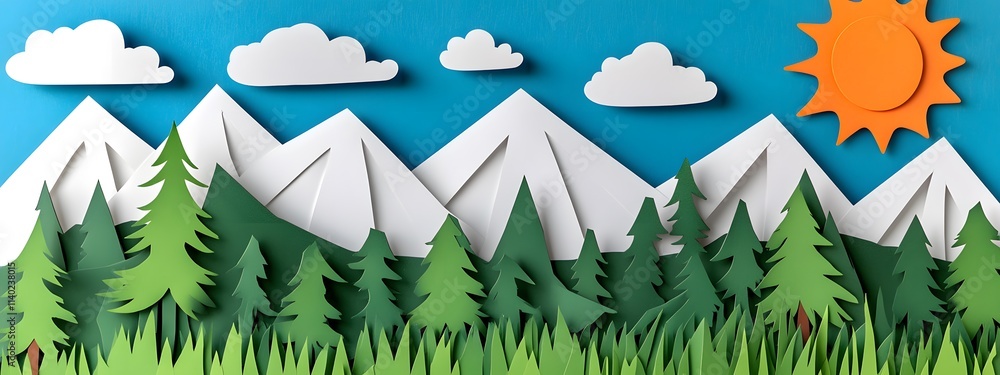 Obraz premium A simple vector graphic of mountains, clouds and trees in the foreground with blue sky in background, simple shapes, paper cutout style, green grass field in front of the mountain range