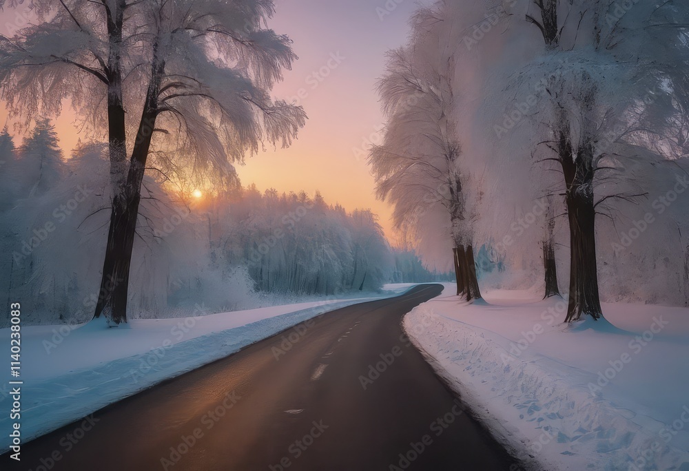 A picturesque snowy road featuring trees lining both sides of it A picturesque snowy road featuring trees lining both sides of it