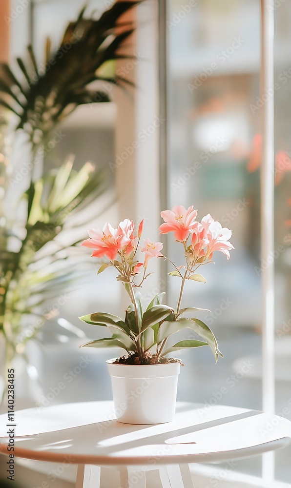 A small potted cactus with pink flowers on a white table A small potted cactus with pink flowers on a white table