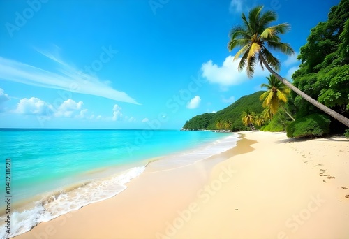 A serene beach with golden sand, calm turquoise waters, and a clear blue sky with wispy clouds