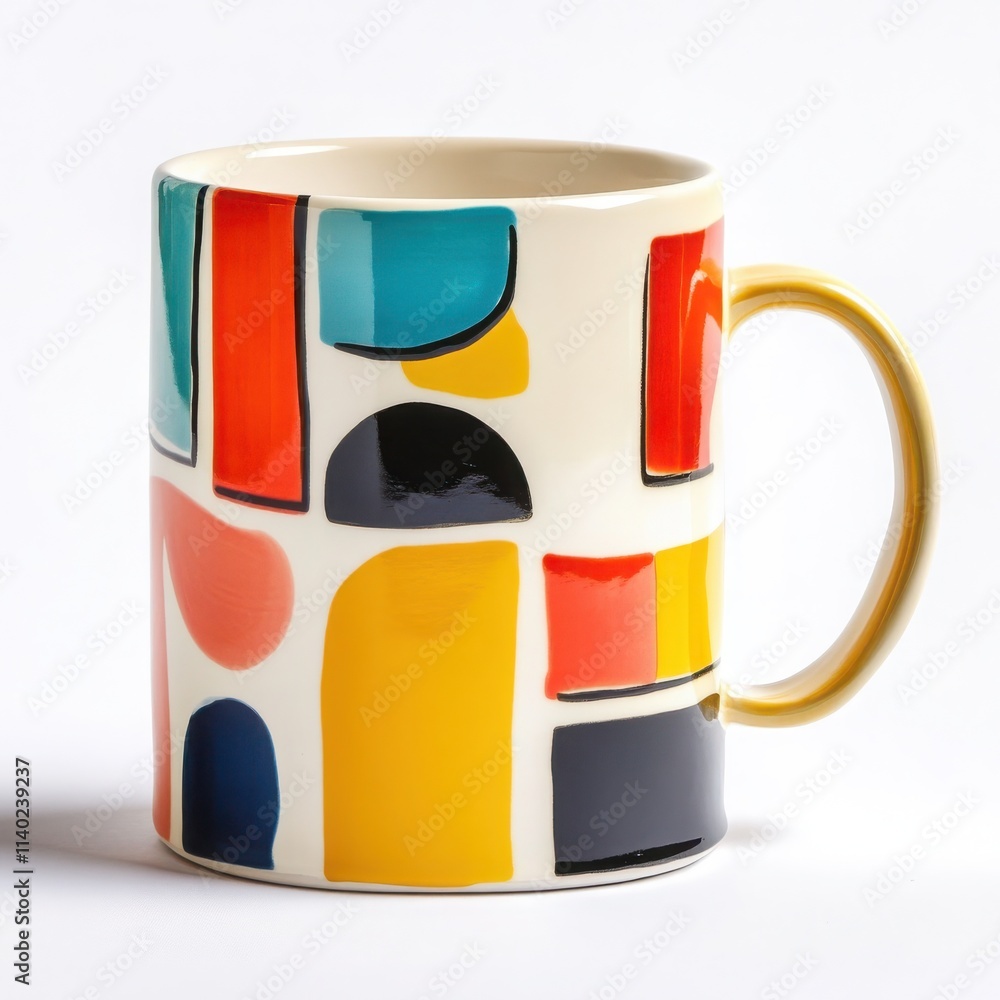 A colorful ceramic mug with a bold geometric design and a glossy finish on a white background 