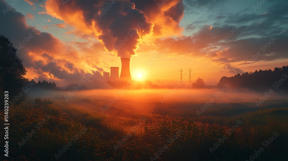 Fototapeta premium Sunset over power plant with fog and field