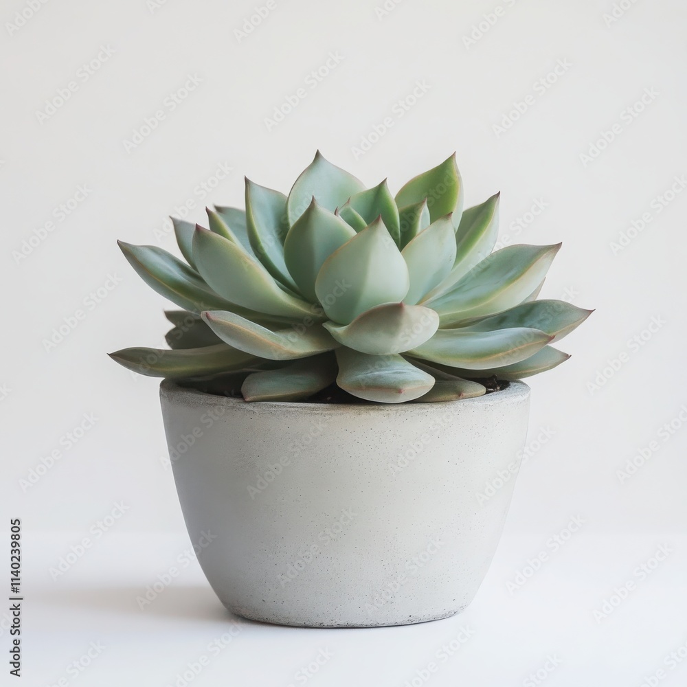 A succulent plant in a minimalistic concrete pot with thick, fleshy leaves on a white background A succulent plant in a minimalistic concrete pot with thick, fleshy leaves on a white background