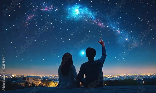 A man pointing stars in front of him, sitting with his girlfriend