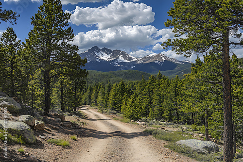 Winding Mountain Trail Leading Through Dense Pine Forests in a Scenic Landscape. photo