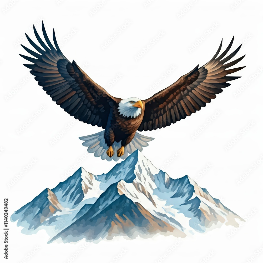 Obraz premium Majestic Bald Eagle Soaring Above Snowy Mountains 