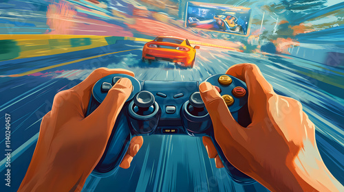 Immersive Gaming Experience Hands Holding Controller with Blurred Racing Game Background