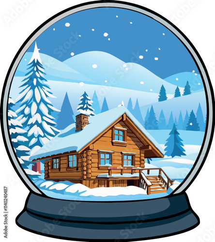 Snow globe showing winter landscape with wooden chalet and falling snow