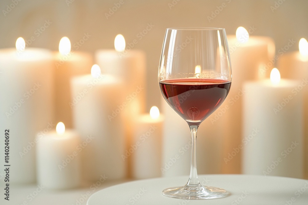 A glass of red wine rests on a table, illuminated by flickering candles in a cozy, intimate setting perfect for relaxation or celebration. Generative AI A glass of red wine rests on a table, illuminated by flickering candles in a cozy, intimate setting perfect for relaxation or celebration. Generative AI