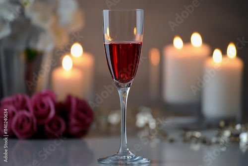 A tall glass filled with a deep red drink stands elegantly next to lit candles and fresh pink roses, creating a romantic atmosphere. Generative AI