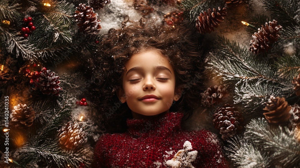 Dreaming girl lying down on christmas decoration with eyes closed Dreaming girl lying down on christmas decoration with eyes closed