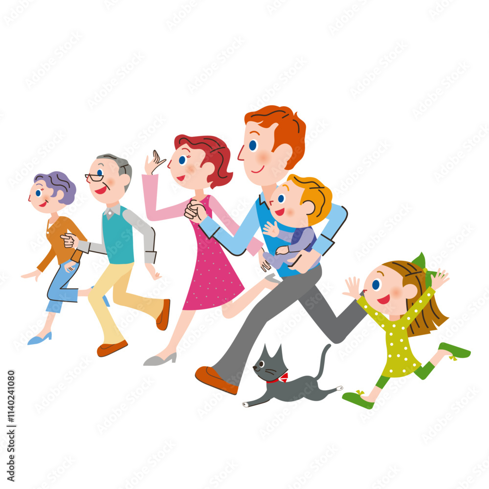 Naklejka premium 元気に前を向いて走る仲良し三世代家族