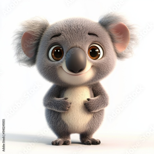 Cute cartoon koala, 3D rendering, white background, playful style, soft features, sparkling eyes, minimalist design, high resolution