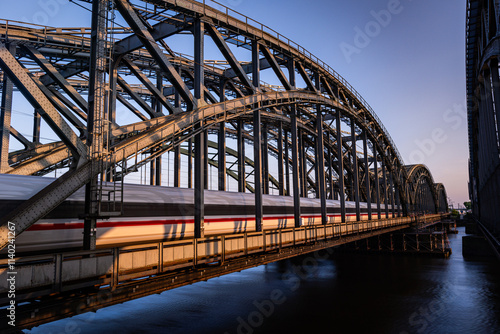 train drives over bridge