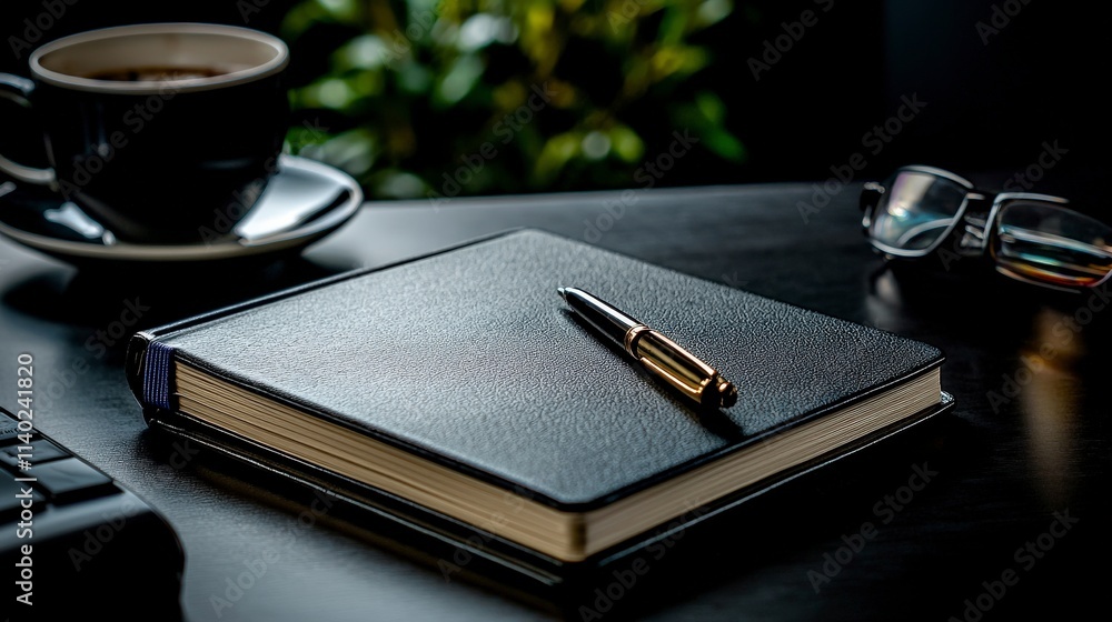 Elegant journal on desk with coffee home office still life cozy environment close-up inspiration for writers Elegant journal on desk with coffee home office still life cozy environment close-up inspiration for writers
