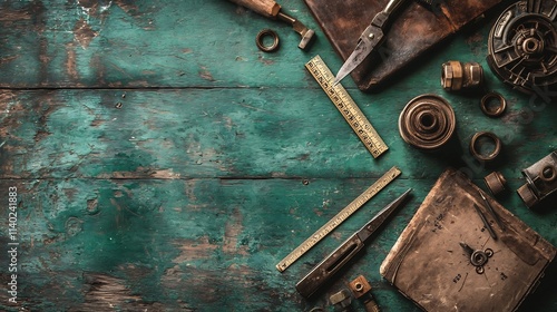 Flat lay composition of a carpenter s marking gauge and an assortment of precision measuring tools including a ruler and caliper  The tools are arranged in a clean contemporary and minimalist design photo