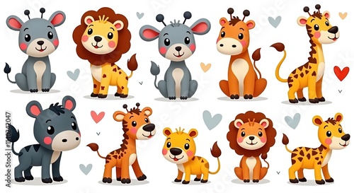 Adorable Cartoon Zoo Animals Illustration Set with Jungle Creatures and Hearts for Children's Decor and Education.