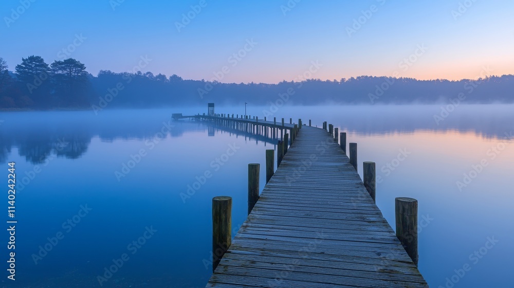 Fototapeta premium Serene Pier Stretching Into Misty Waters at Dawn
