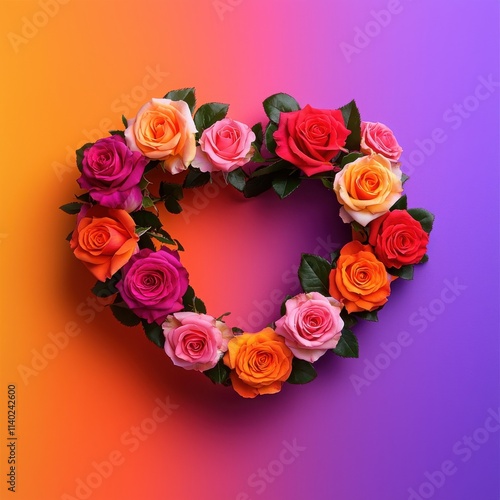 A vibrant heart-shaped arrangement of colorful roses against a gradient backdrop. photo