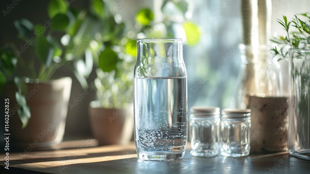 Refreshing glass of sparkling water on wooden table with plants Refreshing glass of sparkling water on wooden table with plants