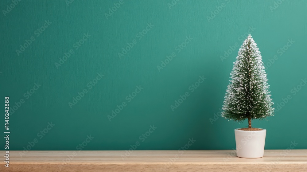 Small frosted Christmas tree in a white pot on a wooden shelf with a green wall background Small frosted Christmas tree in a white pot on a wooden shelf with a green wall background