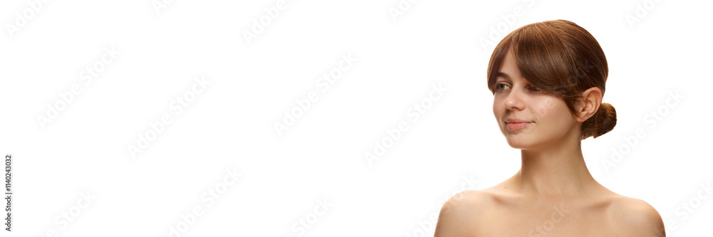 Portrait of beautiful young woman with well-kept, clear, spotless skin, bare shoulders, posing against white studio background. Concept of natural beauty, skin care, cosmetics and cosmetology. Banner Portrait of beautiful young woman with well-kept, clear, spotless skin, bare shoulders, posing against white studio background. Concept of natural beauty, skin care, cosmetics and cosmetology. Banner