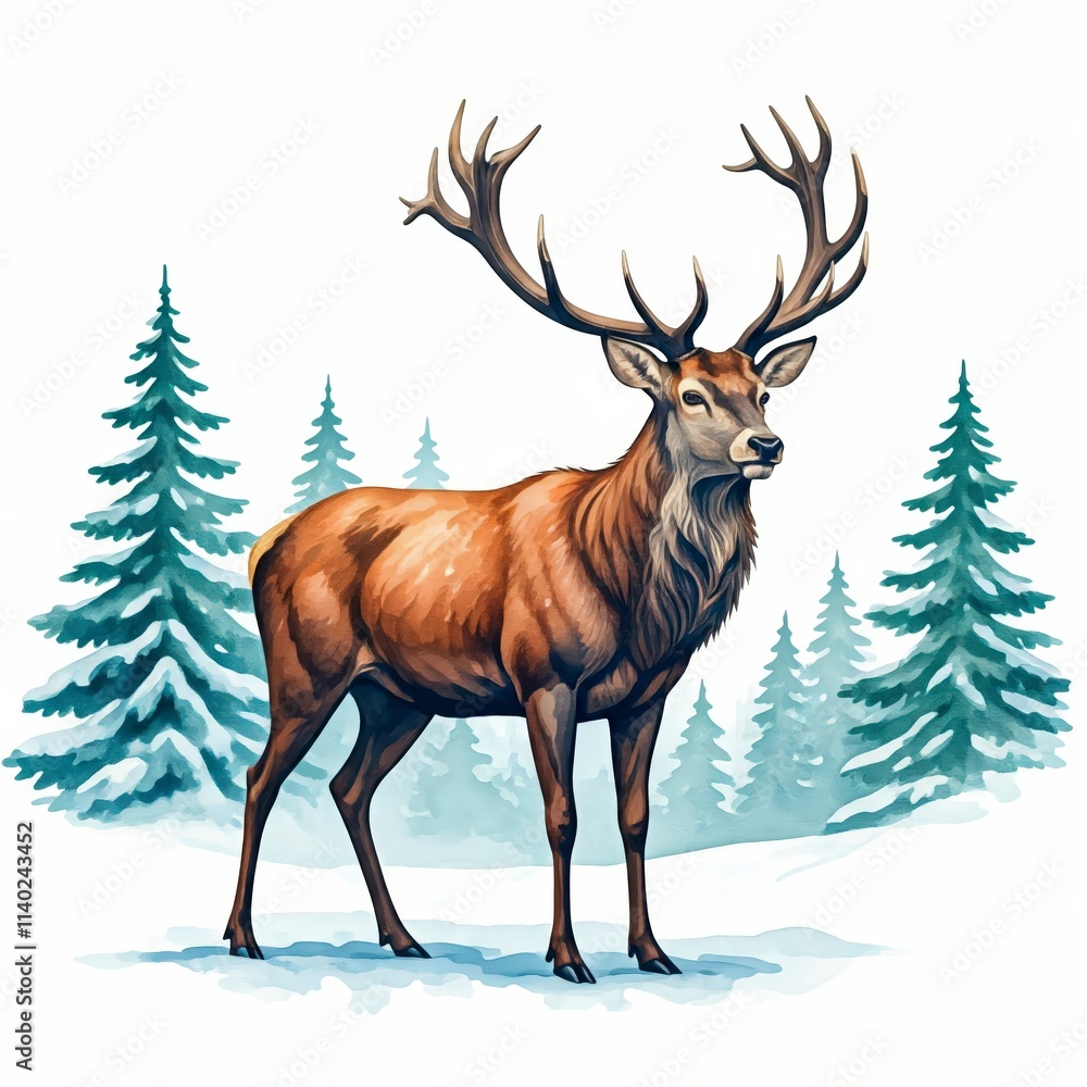 Majestic Red Deer in Winter Wonderland: A majestic red deer stands proudly in a snowy winter landscape, surrounded by evergreen trees, evoking a sense of tranquility and wild beauty. Majestic Red Deer in Winter Wonderland: A majestic red deer stands proudly in a snowy winter landscape, surrounded by evergreen trees, evoking a sense of tranquility and wild beauty.