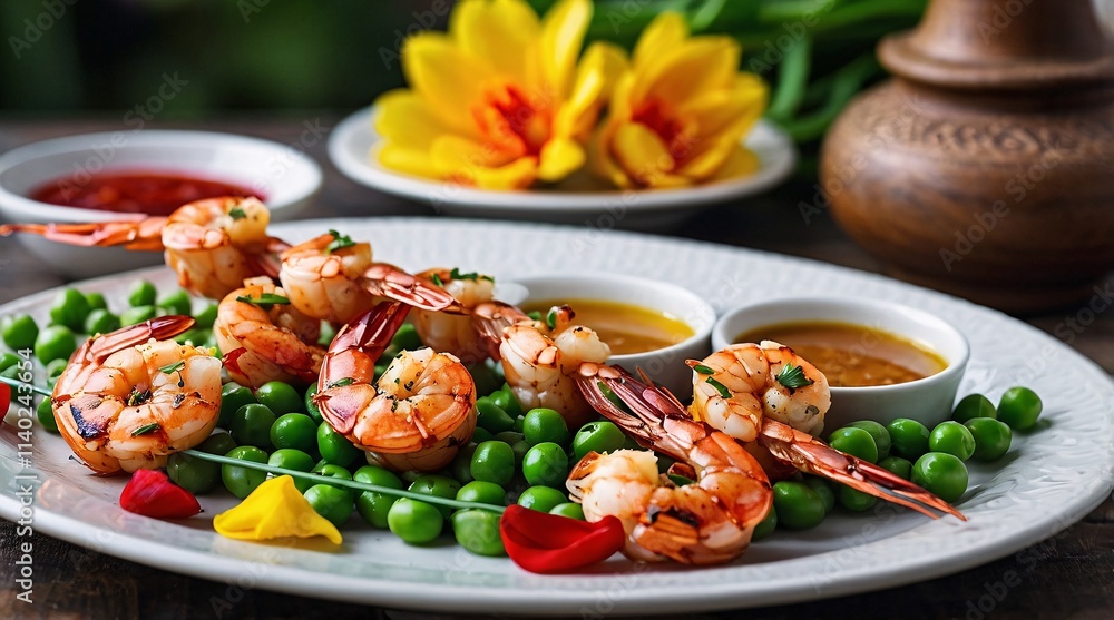 Delicious smoky grilled shrimp skewers beautifully arranged with vibrant garnishes and dipping sauces, perfect for a summer gathering or beachside feast Delicious smoky grilled shrimp skewers beautifully arranged with vibrant garnishes and dipping sauces, perfect for a summer gathering or beachside feast