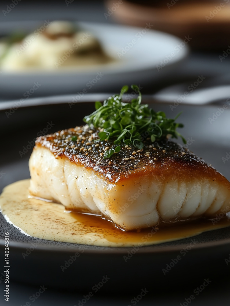 Savory sea bass in rich miso marinade atop a smooth milky puree Savory sea bass in rich miso marinade atop a smooth milky puree