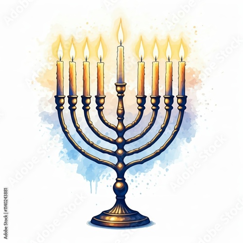 Glowing Menorah: Watercolor Hanukkah menorah with lit candles. Festive, spiritual, and traditional.