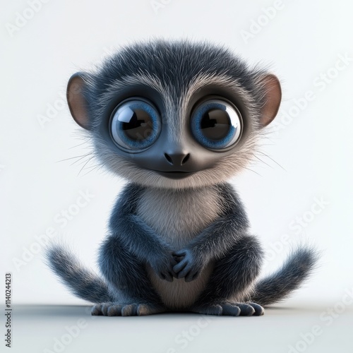 Cute cartoon mongoose lemur character, 3D rendering, minimalist design, high resolution, steel-blue eyes, soft features photo